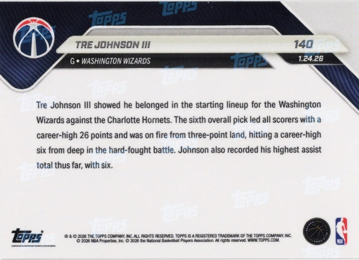 2025 Topps Now Tre Johnson #140 Gold Foil /50 Rookie RC Basketball Card