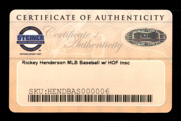 Rickey Henderson Signed MLB Baseball Oakland A's, Yankees HOF 2009 MLB & Steiner