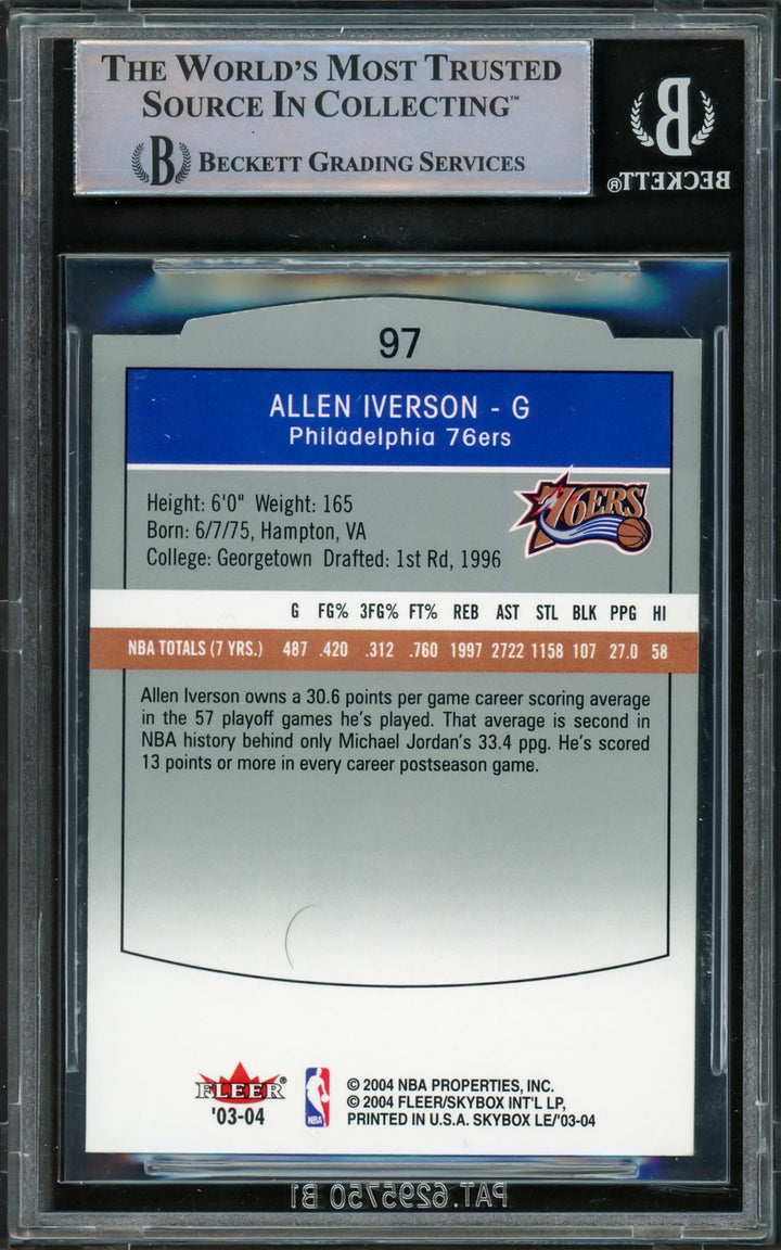 Allen Iverson Signed 2003-04 Skybox LE Card 97 76ers Beckett Wit #16562823