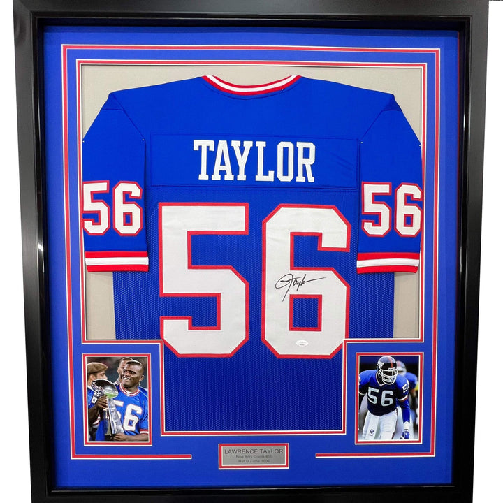 FRAMED Autographed/Signed LAWRENCE TAYLOR 33x42 New York Blue Jersey JSA COA