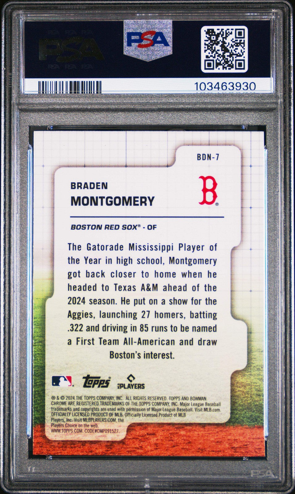 Graded 2024 Topps Bowman Draft Braden Montgomery #BDN7 Night Rookie Card PSA 10