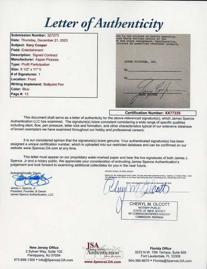 Gary Cooper JSA Coa Signed Aspen Pictures Contract Autograph
