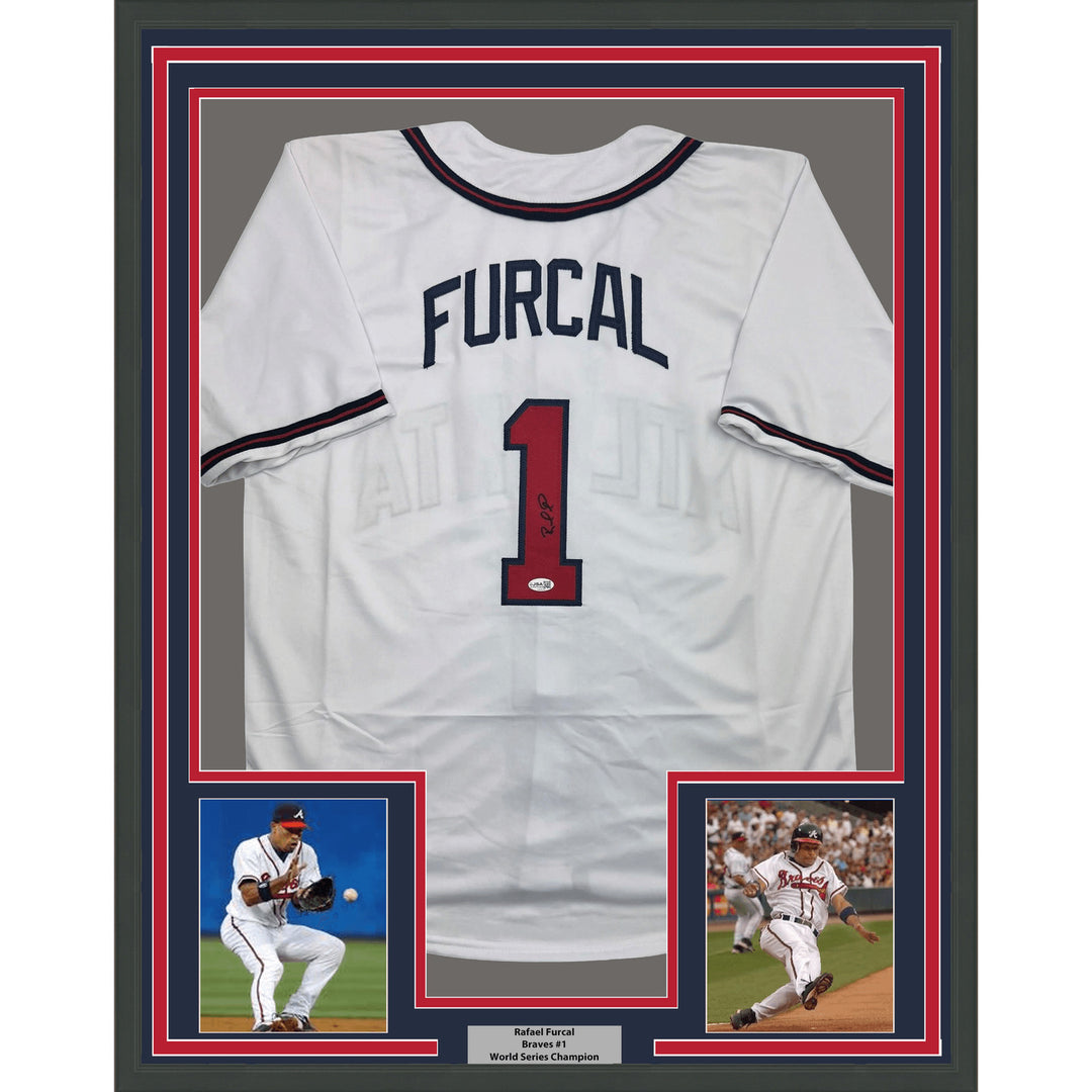 Framed Autographed/Signed Rafael Furcal 35x39 Atlanta White Jersey JSA COA