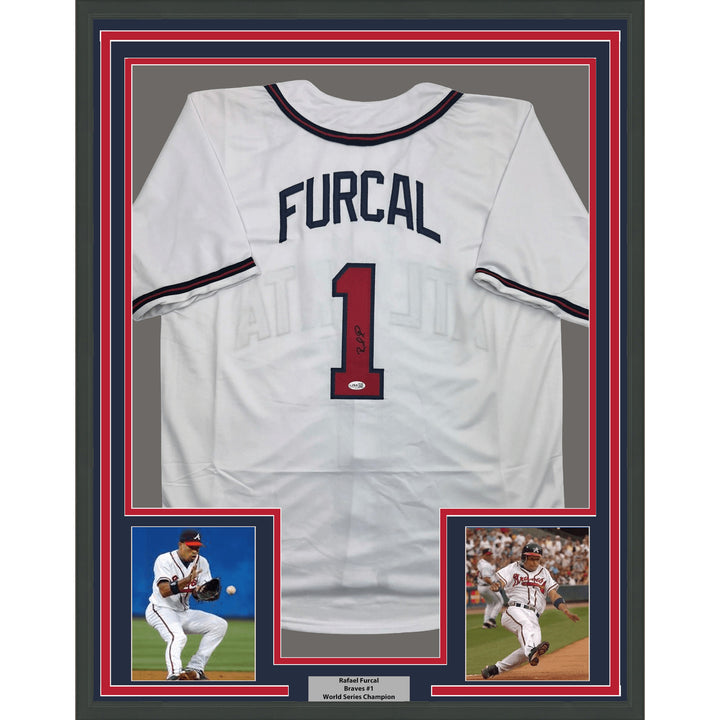 Framed Autographed/Signed Rafael Furcal 35x39 Atlanta White Jersey JSA COA