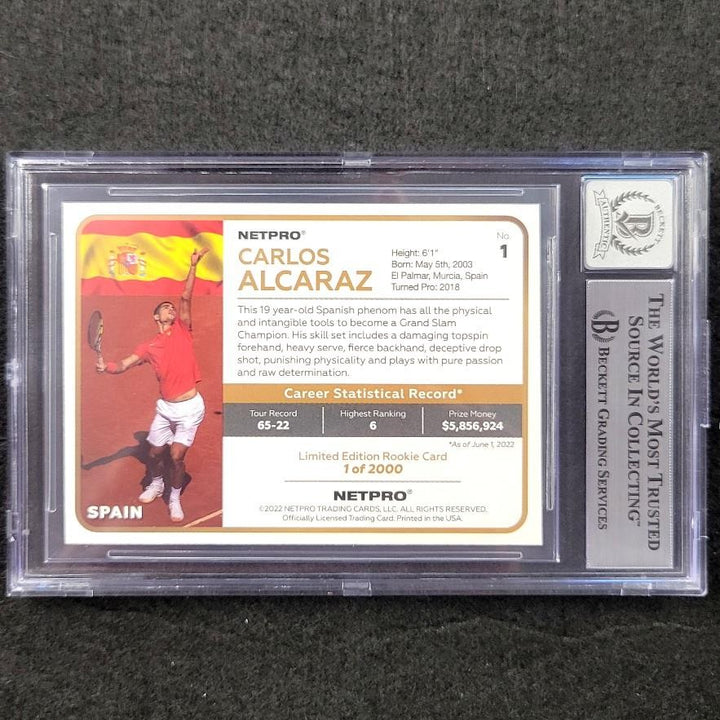 2022 Netpro Carlos Alcaraz Rookie Set #1 signed rc card ~ Beckett BAS 10 auto