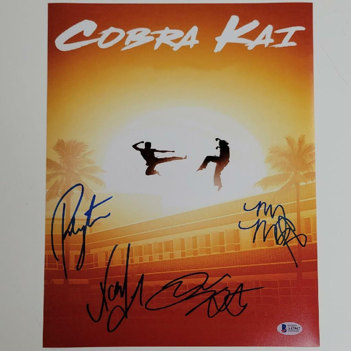 Cobra Kai cast x4 signed 11x14 Photo ~ Beckett BAS COA List Mouser Bertrand Xolo