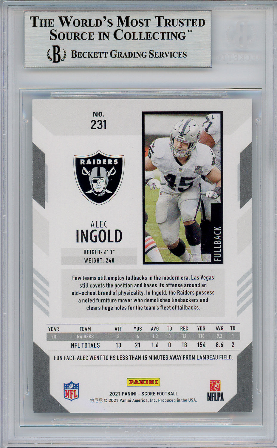 2021 Score #231 Alec Ingold Signed BAS Las Vegas Raiders Autographed