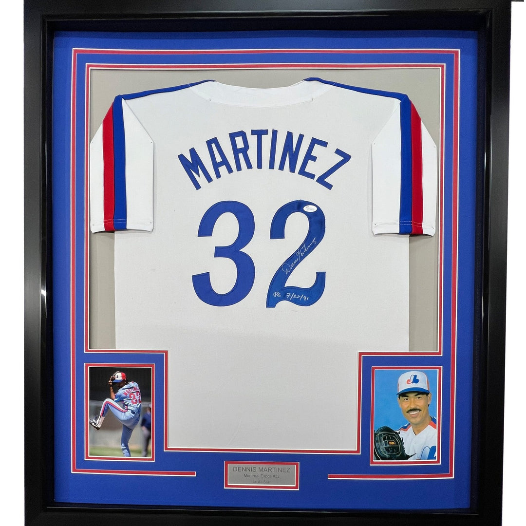 Framed Signed Dennis Martinez 35x39 Montreal White Jersey JSA COA