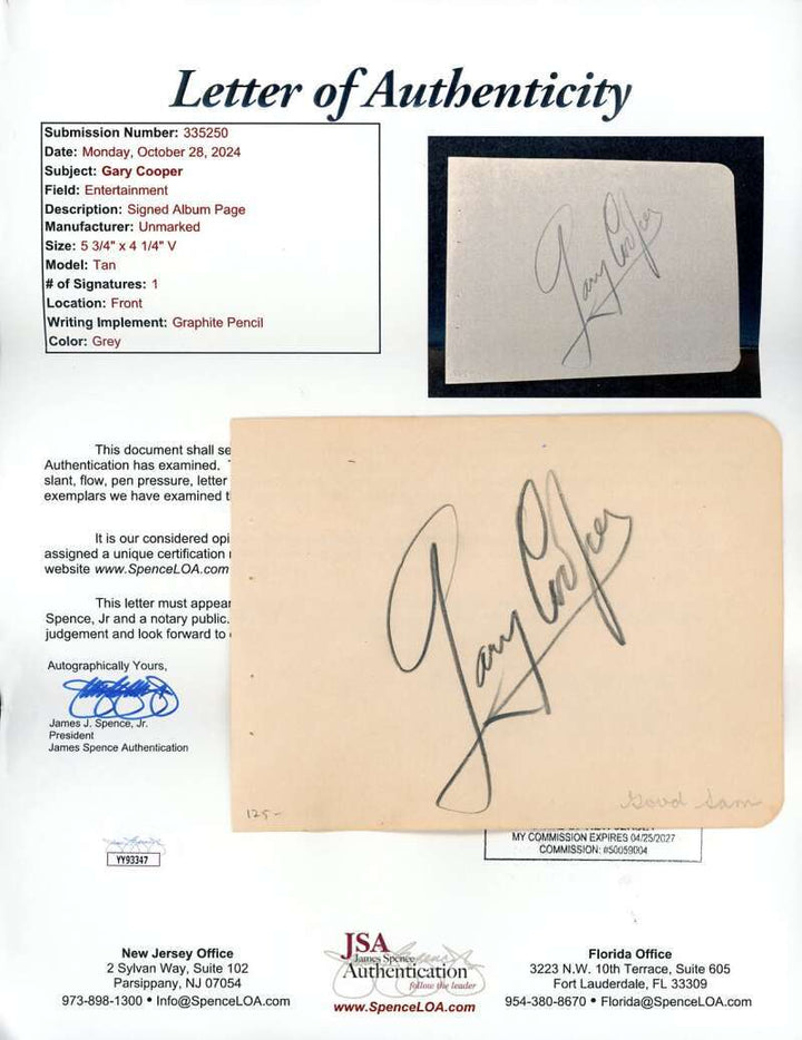 Gary Cooper JSA Coa Signed Album Page Autograph