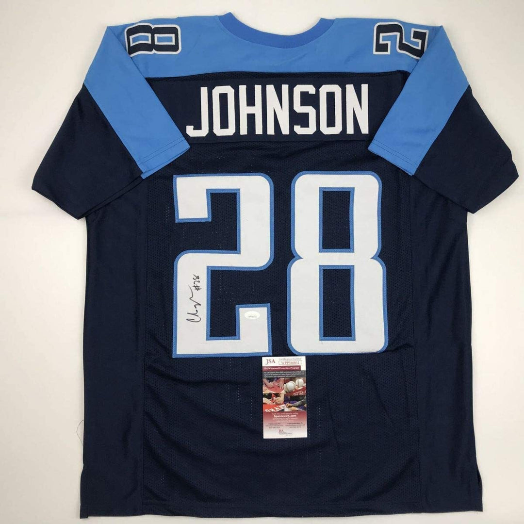 Autographed/Signed CHRIS JOHNSON Tennessee Dark Blue Football Jersey JSA COA