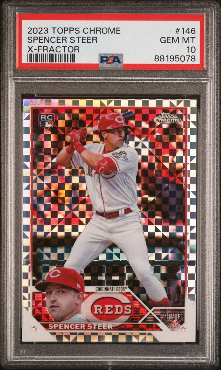 Graded 2023 Topps Chrome Spencer Steer #146 XFractor RC Baseball Card PSA 10