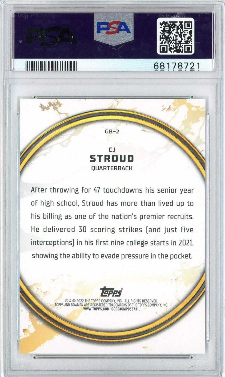 Graded 2021 Bowman University C.J Stroud #GB2 Golden Boy RC Football Card PSA 10