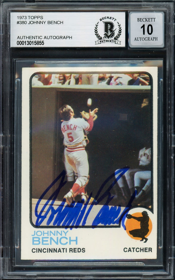 Johnny Bench Signed 1973 Topps Card 380 Reds Auto GM 10 Beckett #13015855