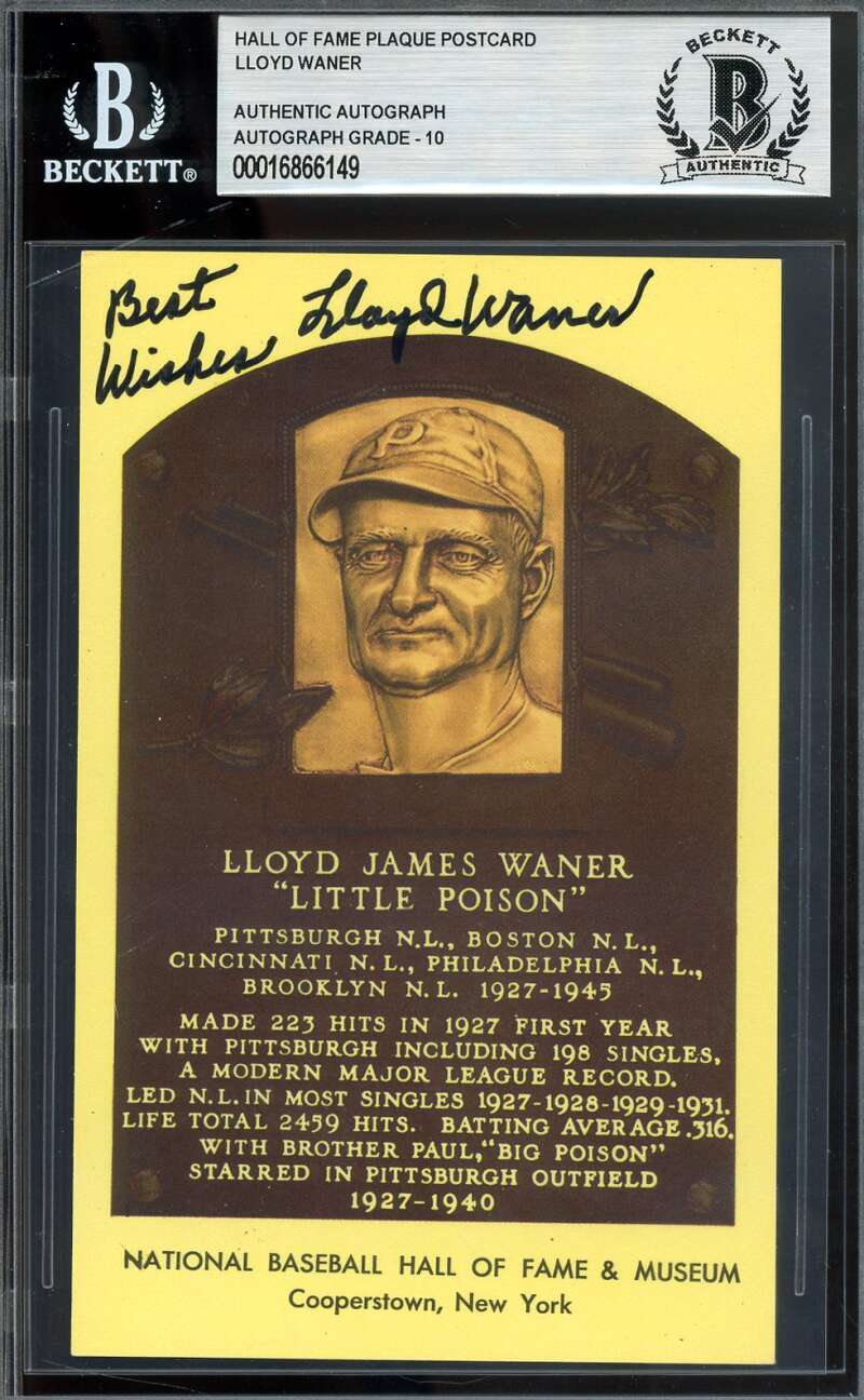 Lloyd Waner Gem Mint 10 Beckett BAS Signed Gold HoF Plaque Postcard Autograph