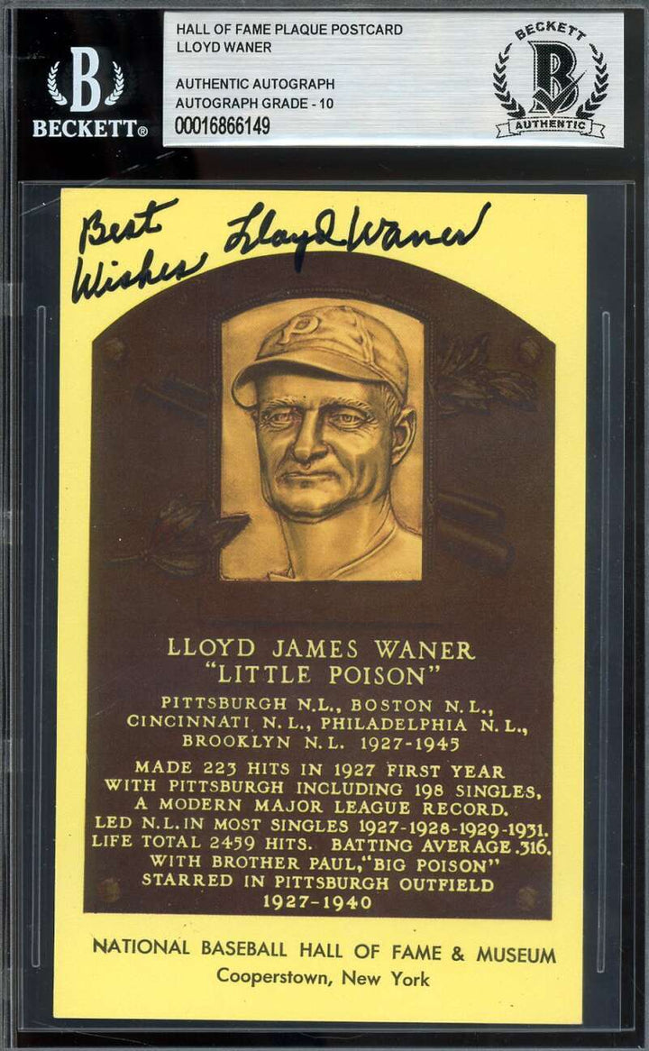 Lloyd Waner Gem Mint 10 Beckett BAS Signed Gold HoF Plaque Postcard Autograph