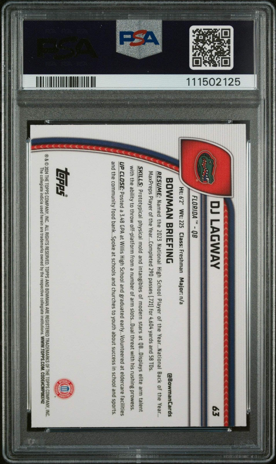 Graded 2024 Topps Bowman Chrome DJ Lagway #63 Pink Lava RC Football Card PSA 10