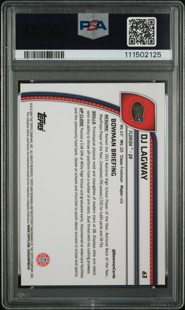 Graded 2024 Topps Bowman Chrome DJ Lagway #63 Pink Lava RC Football Card PSA 10