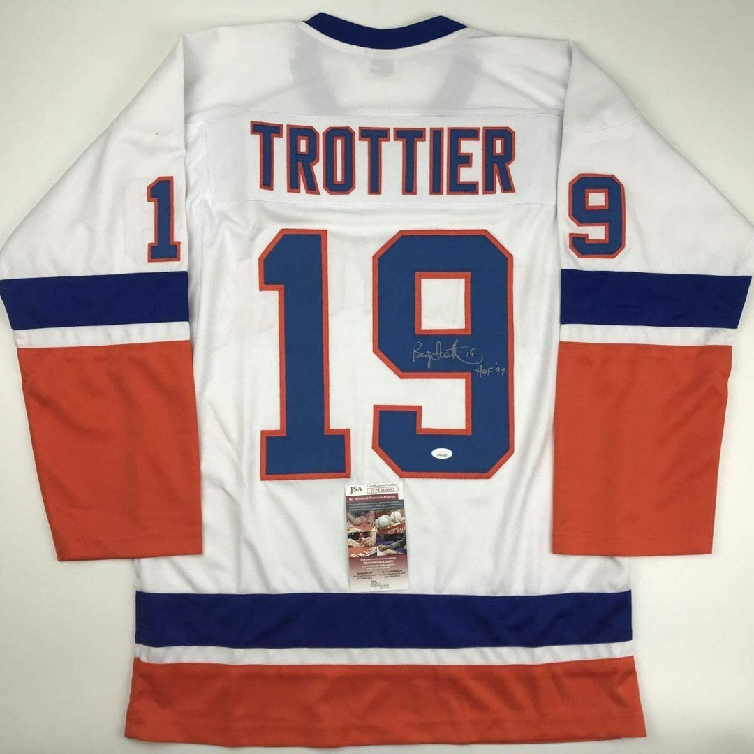 Autographed/Signed Bryan Trottier HOF 97 New York White Jersey JSA COA