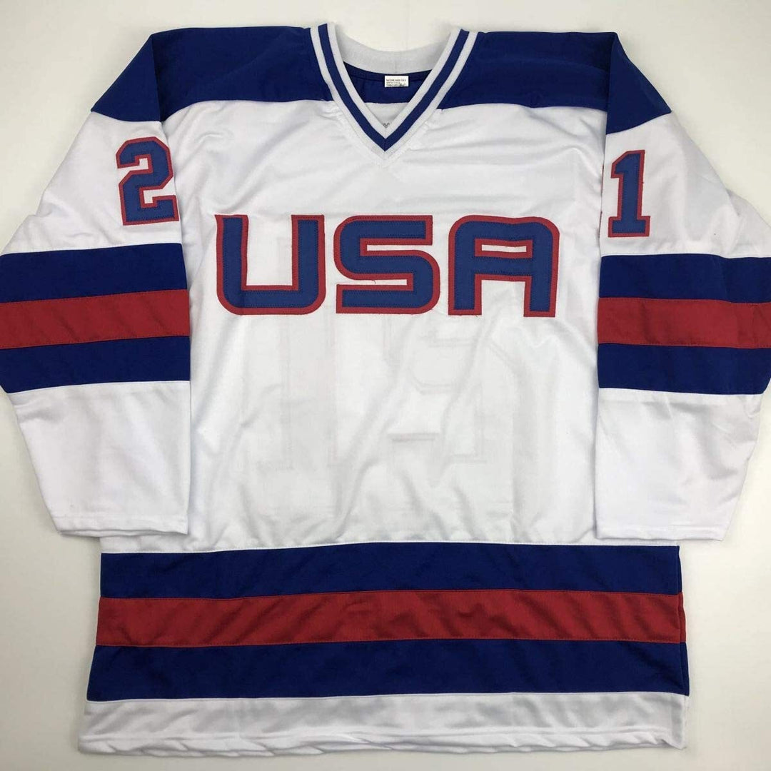Autographed/Signed Mike Eruzione White Team Miracle On Ice 1980 Jersey JSA COA