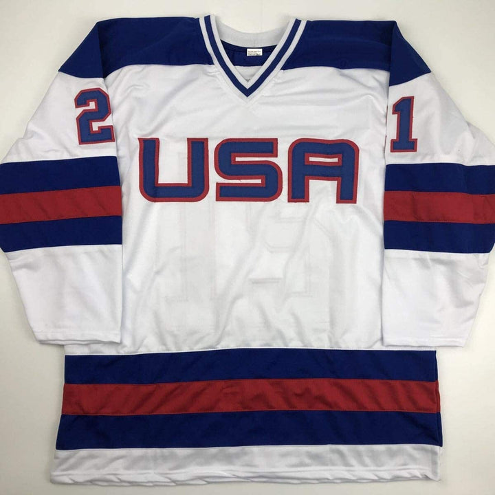 Autographed/Signed Mike Eruzione White Team Miracle On Ice 1980 Jersey JSA COA
