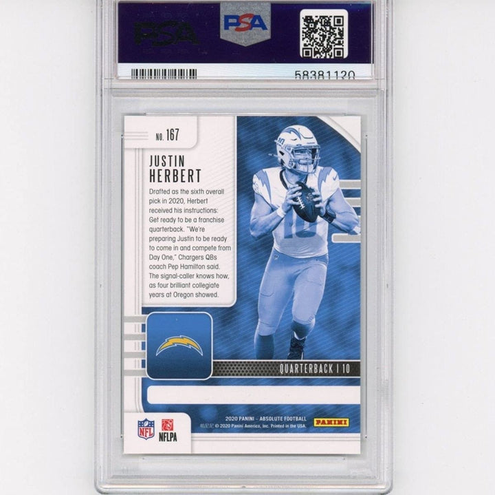 Graded 2020 Panini Absolute JUSTIN HERBERT #167 Rookie Card PSA 10 Mint