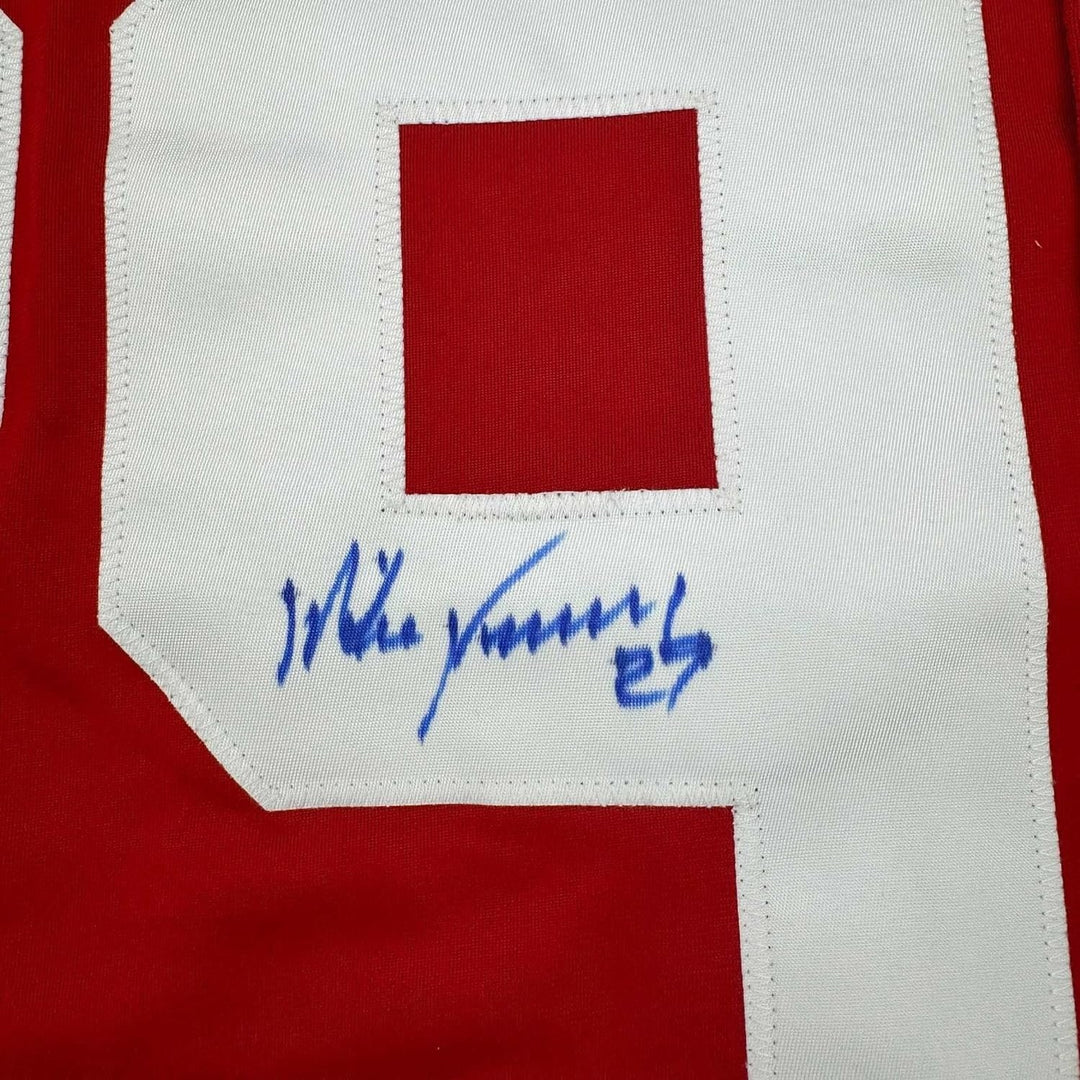 Framed Autographed/Signed Mike Vernon 35x39 Detroit Red Jersey JSA COA