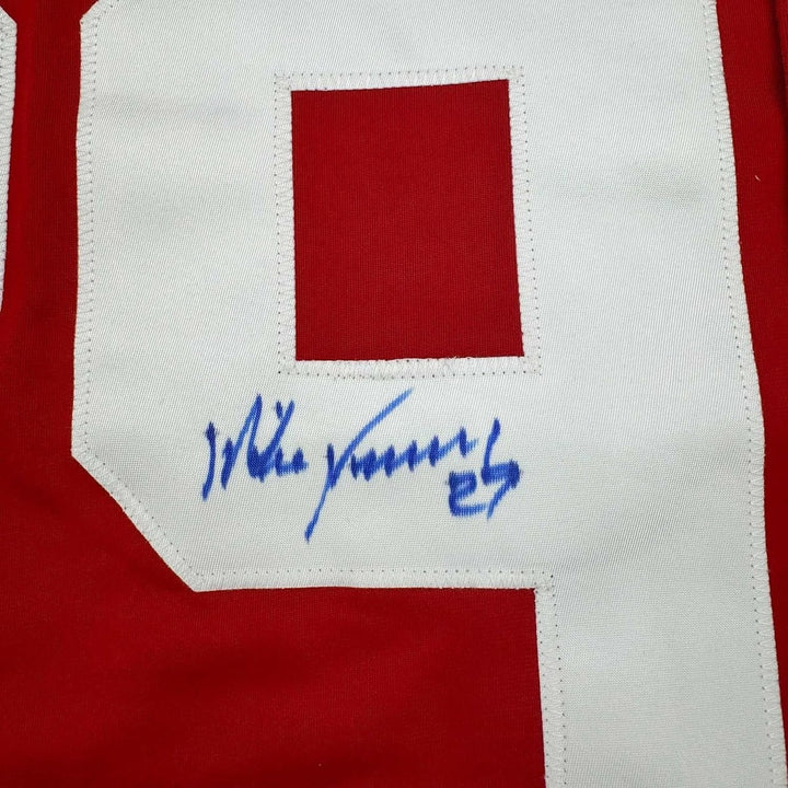 Framed Autographed/Signed Mike Vernon 35x39 Detroit Red Jersey JSA COA