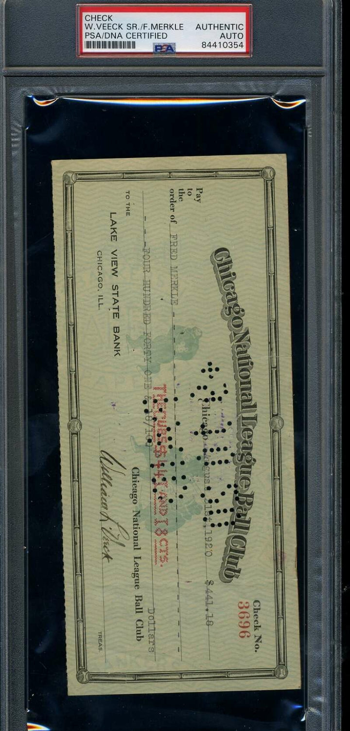 Fred Merkle PSA DNA Cert Slab Signed 1920 Chicago Cubs Payroll Check Autograph