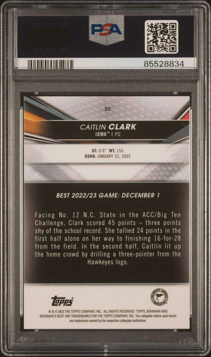Graded 2022 Topps Bowman Uni Best Caitlin Clark #50 RC Basketball Card PSA 9