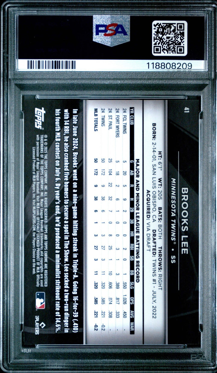 Graded 2025 Topps Chrome Black Brooks Lee #41 Blue REF /150 Rookie Card PSA 10