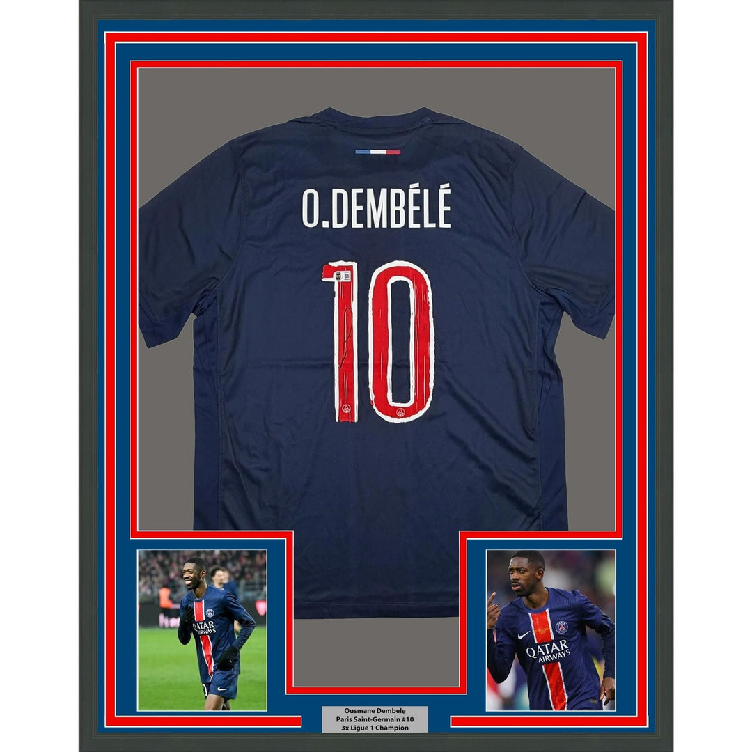Framed Autographed/Signed Ousmane Dembele 35x39 PSG Jersey Beckett BAS COA