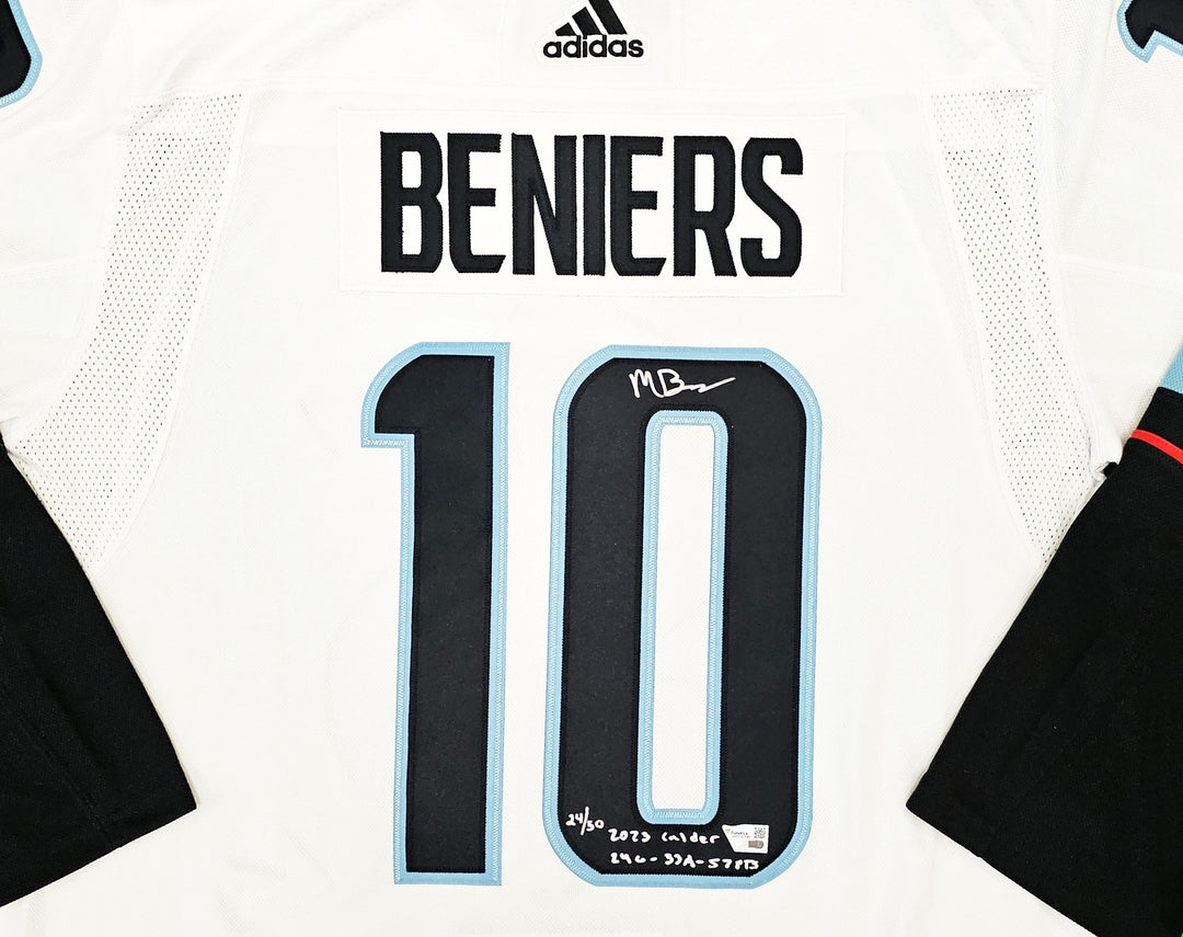 Kraken Matty Beniers Auto White Adidas Jersey Size 54 2023 Calder #/50 Fanatics