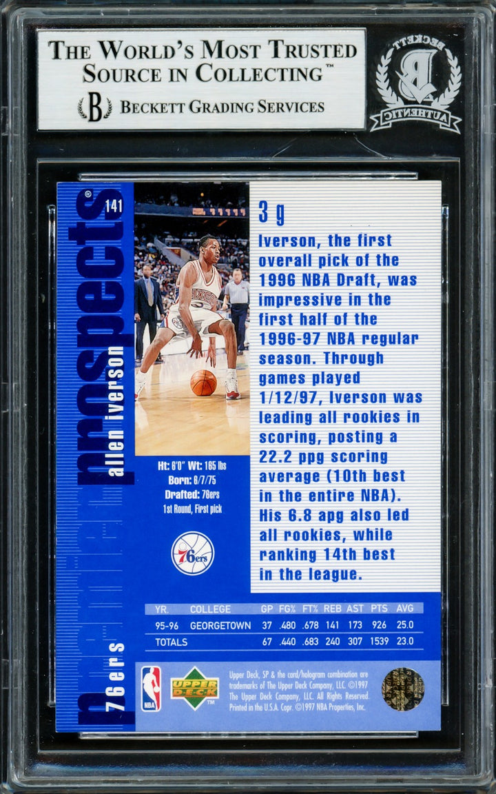 Allen Iverson Signed 1996-97 Upper Deck SP RC 141 Philadelphia 76ers Beckett