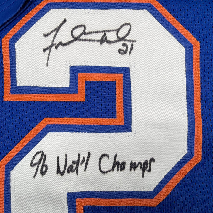 Autographed/Signed Fred Taylor 96 Champs Florida Blue Jersey Beckett BAS COA