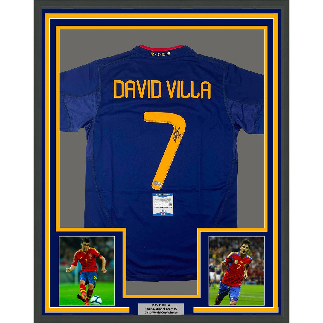 Framed Signed David Villa 35x39 Spain Blue World Cup Jersey BAS COA