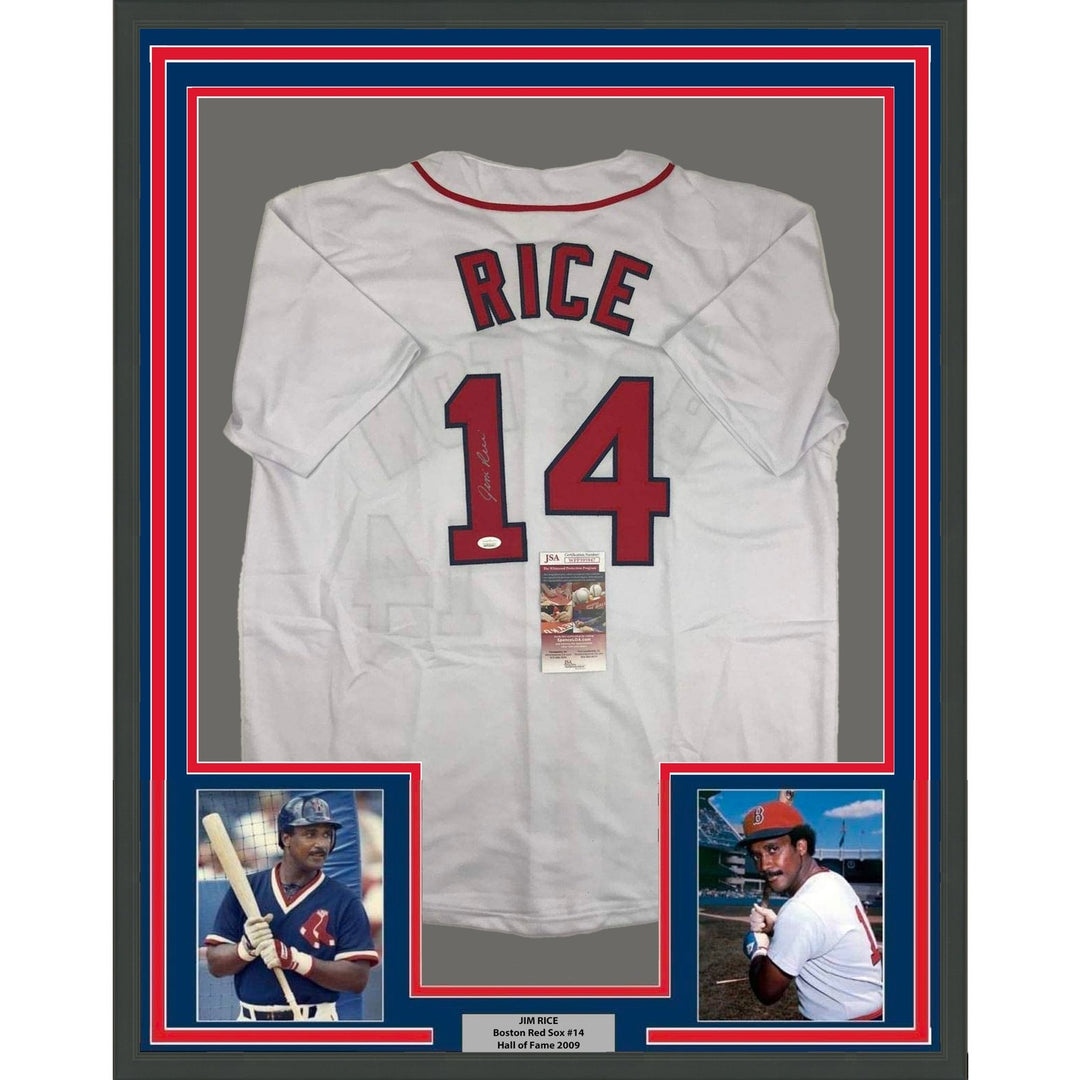 FRAMED Autographed/Signed JIM RICE 33x42 Boston White Jersey JSA COA