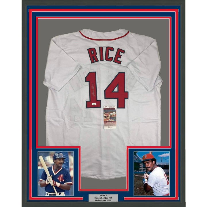 FRAMED Autographed/Signed JIM RICE 33x42 Boston White Jersey JSA COA