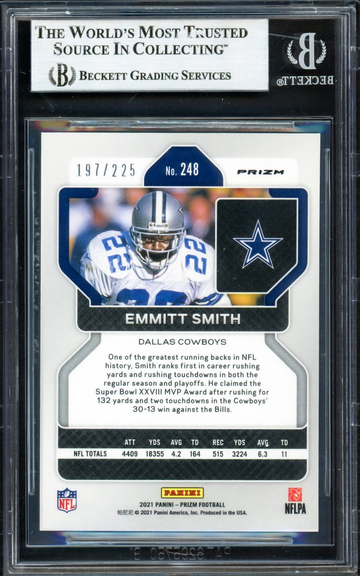 Emmitt Smith Auto 2021 Panini Prizm Prizms Purple Ice Card 248 197/225 Beckett