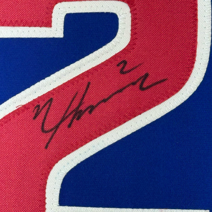 Framed Autographed/Signed Nico Hoerner 35x39 Chicago Blue Jersey BAS COA