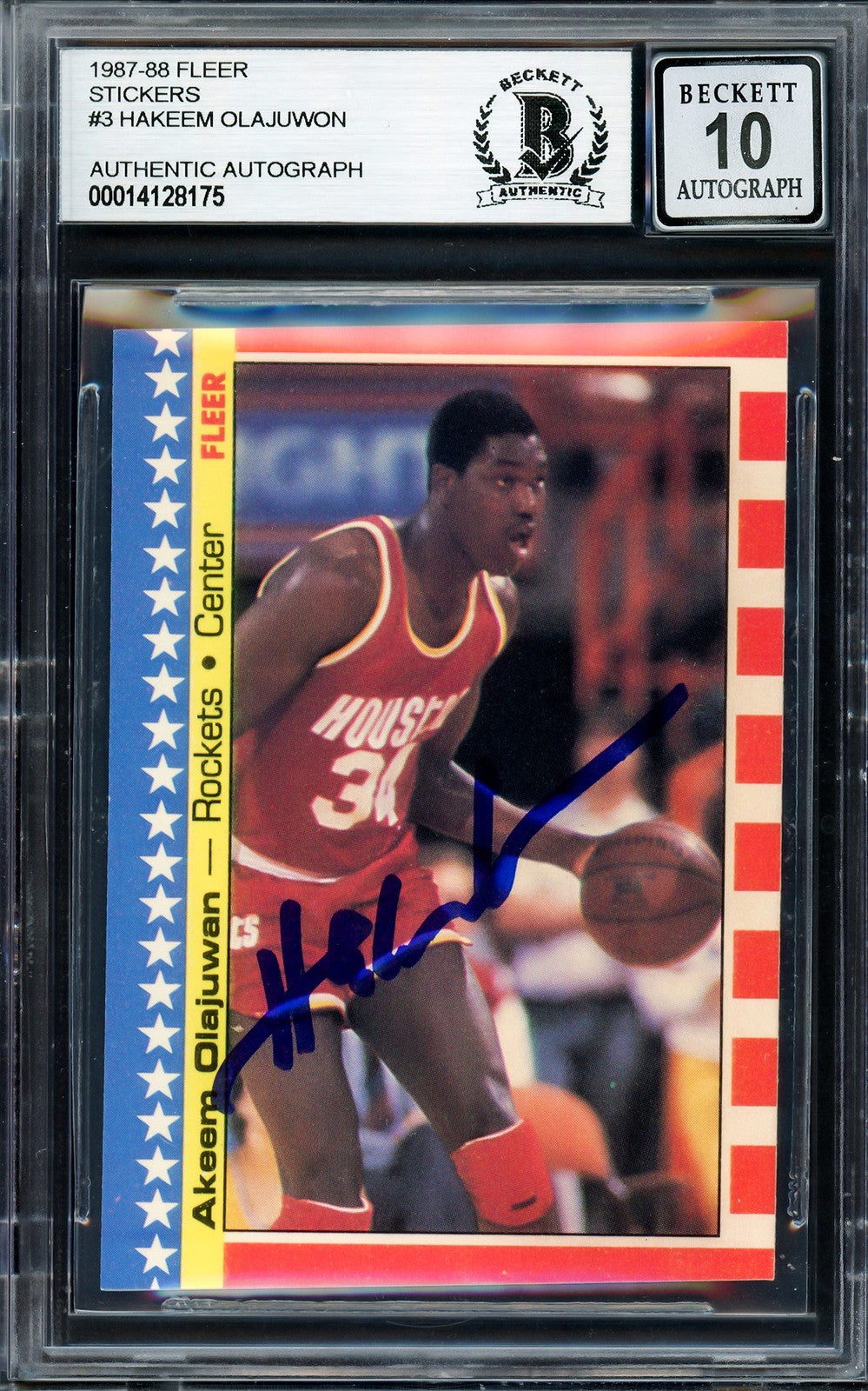 Hakeem Olajuwon Signed 1987-88 Fleer Stickers Card 3 Rockets Auto GM 10 Beckett