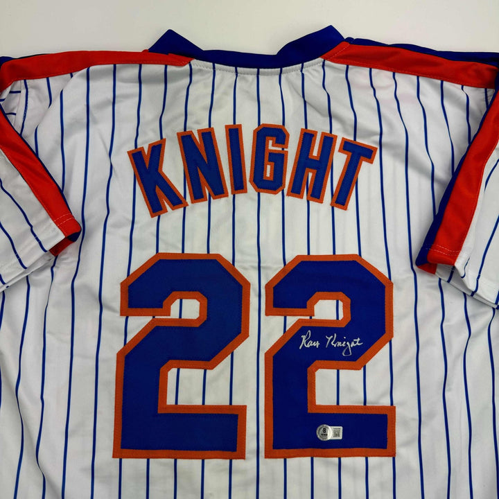 Autographed/Signed Ray Knight New York Pinstripe Jersey Beckett BAS COA