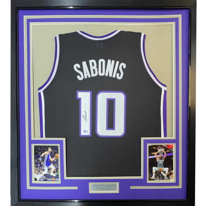 Framed Autographed/Signed Domantas Sabonis 35x39 Sacramento Black Jersey BAS COA
