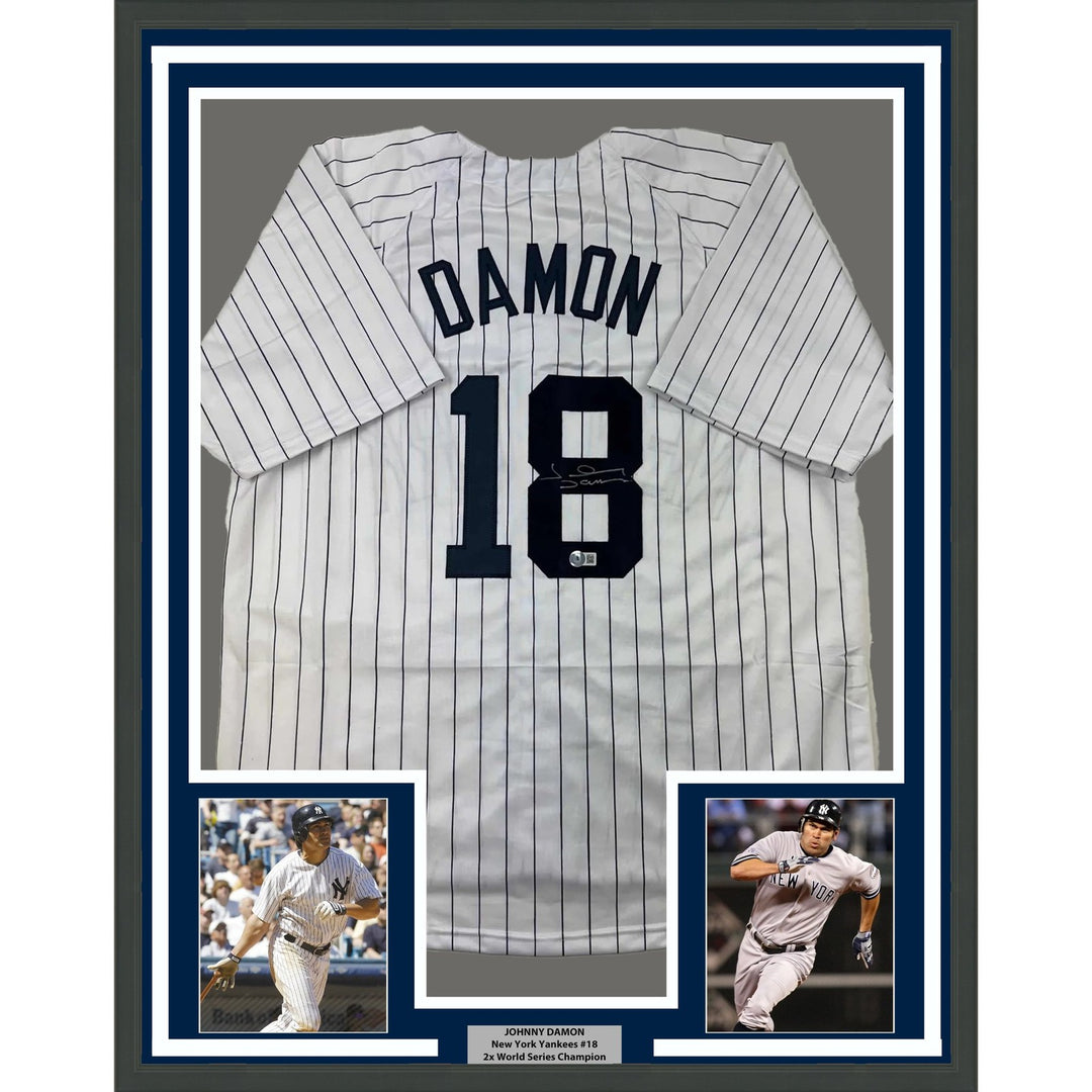 Framed Autographed/Signed Johnny Damon 35x39 New York Pinstripe Jersey COA