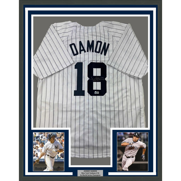 Framed Autographed/Signed Johnny Damon 35x39 New York Pinstripe Jersey COA