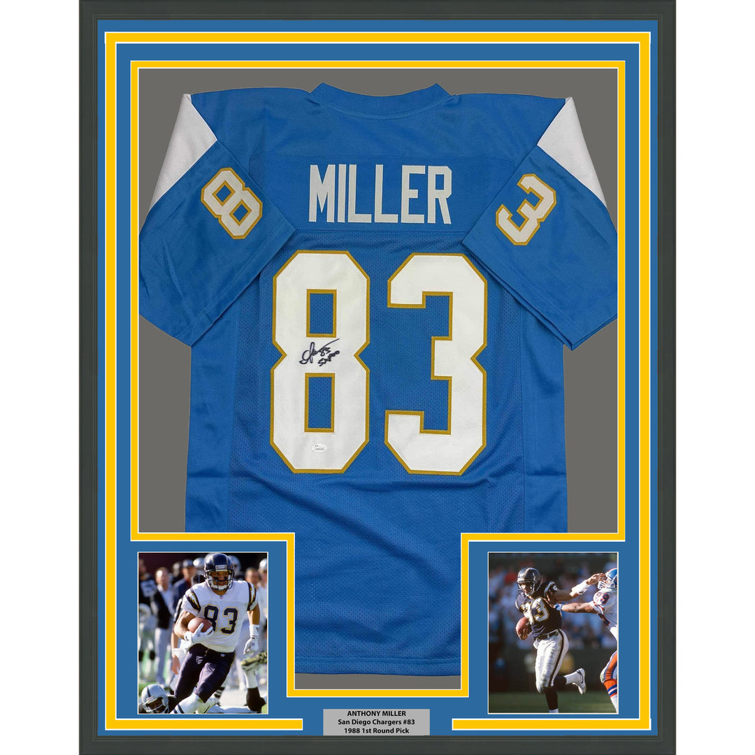 Framed Autographed/Signed Anthony Miller 35x39 San Diego LA Blue Jersey JSA COA