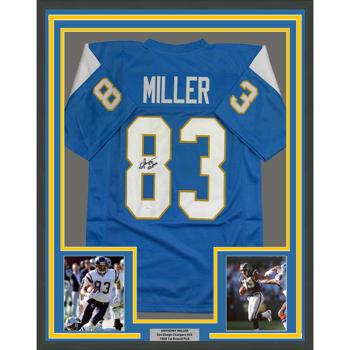 Framed Autographed/Signed Anthony Miller 35x39 San Diego LA Blue Jersey JSA COA
