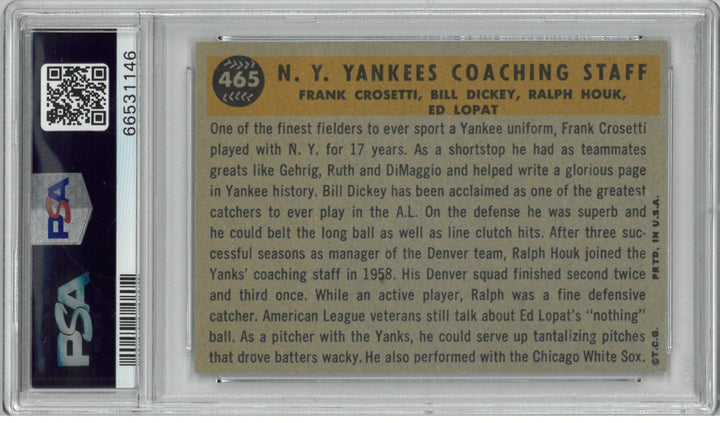 1960 Topps New York Yankees Coaches Card #465 - PSA Graded 4 VG-EX (Bill Dickey)