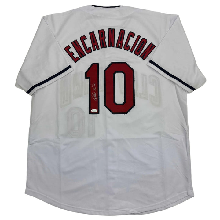 Autographed/Signed Edwin Encarnacion Cleveland White Jersey JSA COA