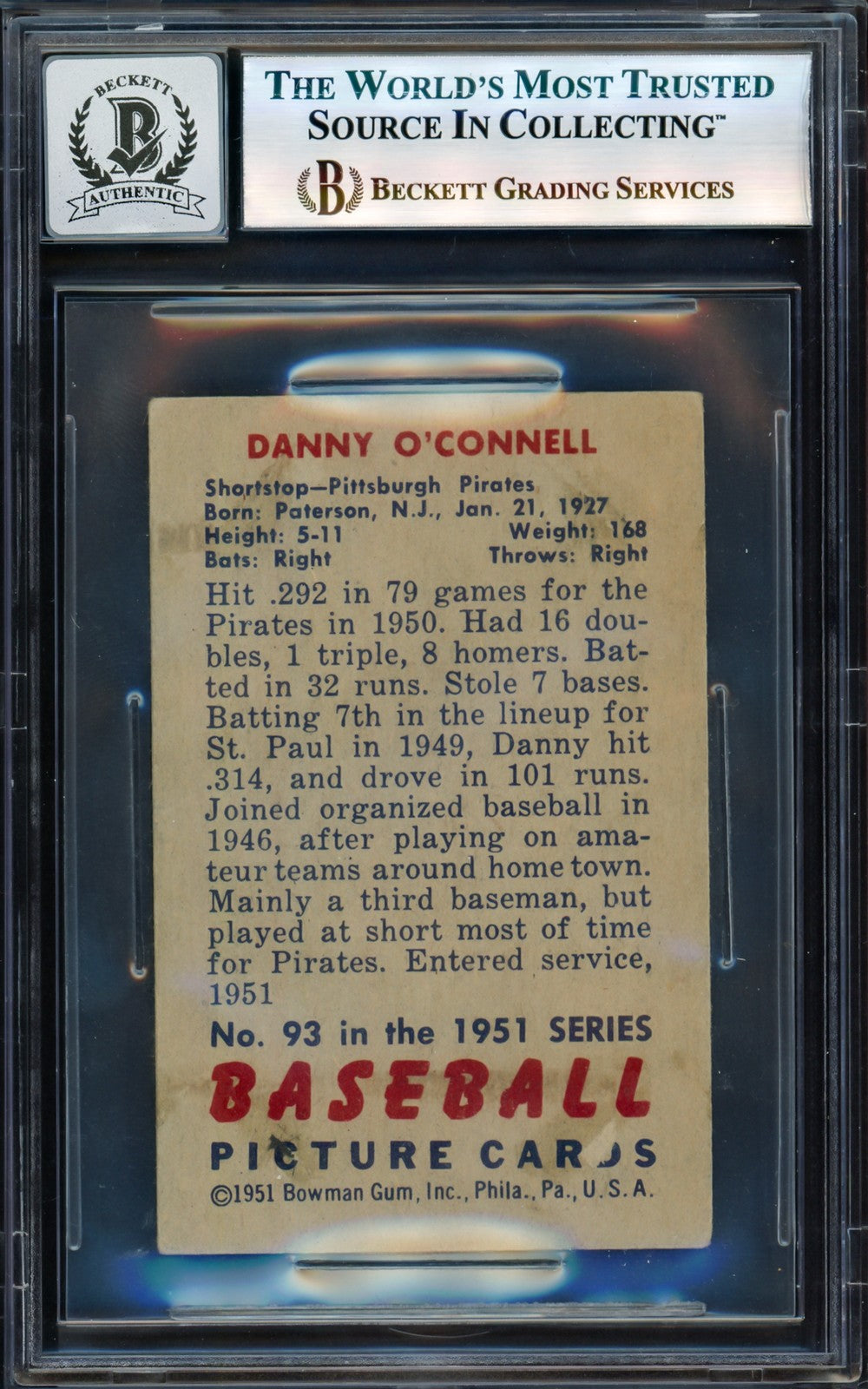 Danny O'Connell Signed 1951 Bowman RC 93 Pirates Auto GM 10 Beckett #17606338