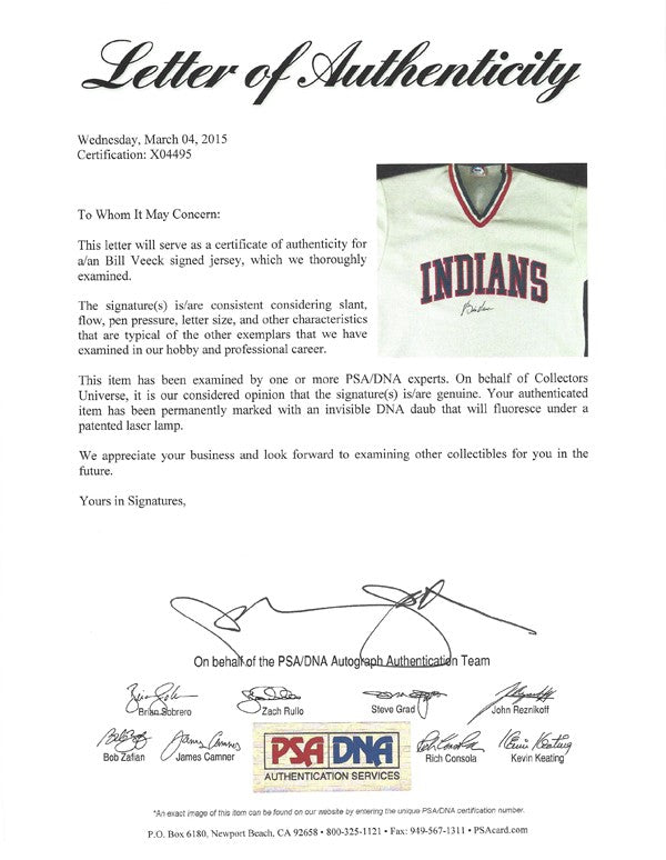 Cleveland Indians Bill Veeck Autographed Signed White Jersey Team Owner PSA/DNA